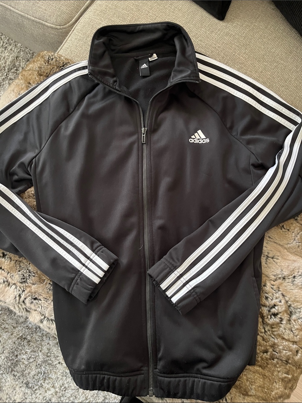 adidas Classic Black Performance Track Jacket with White Stripes & front zipper